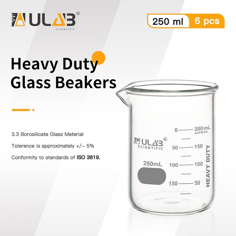 ULAB Heavy Duty Glass Beakers, 6pcs of Vol.250ml(8.45oz), Borosilicate 3.3 Glass, Thick Wall Beakers, with Double Scale, Superior Durability & Chemical Resistance, UBG1055 - Image 3